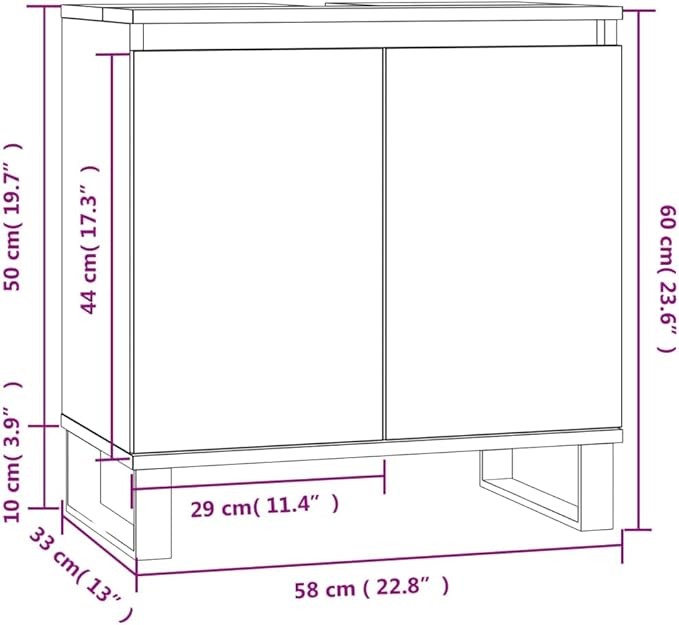 Rustic Oak Under Sink Bathroom Cabinet 58cm Modern Vanity Unit w/ Metal Legs