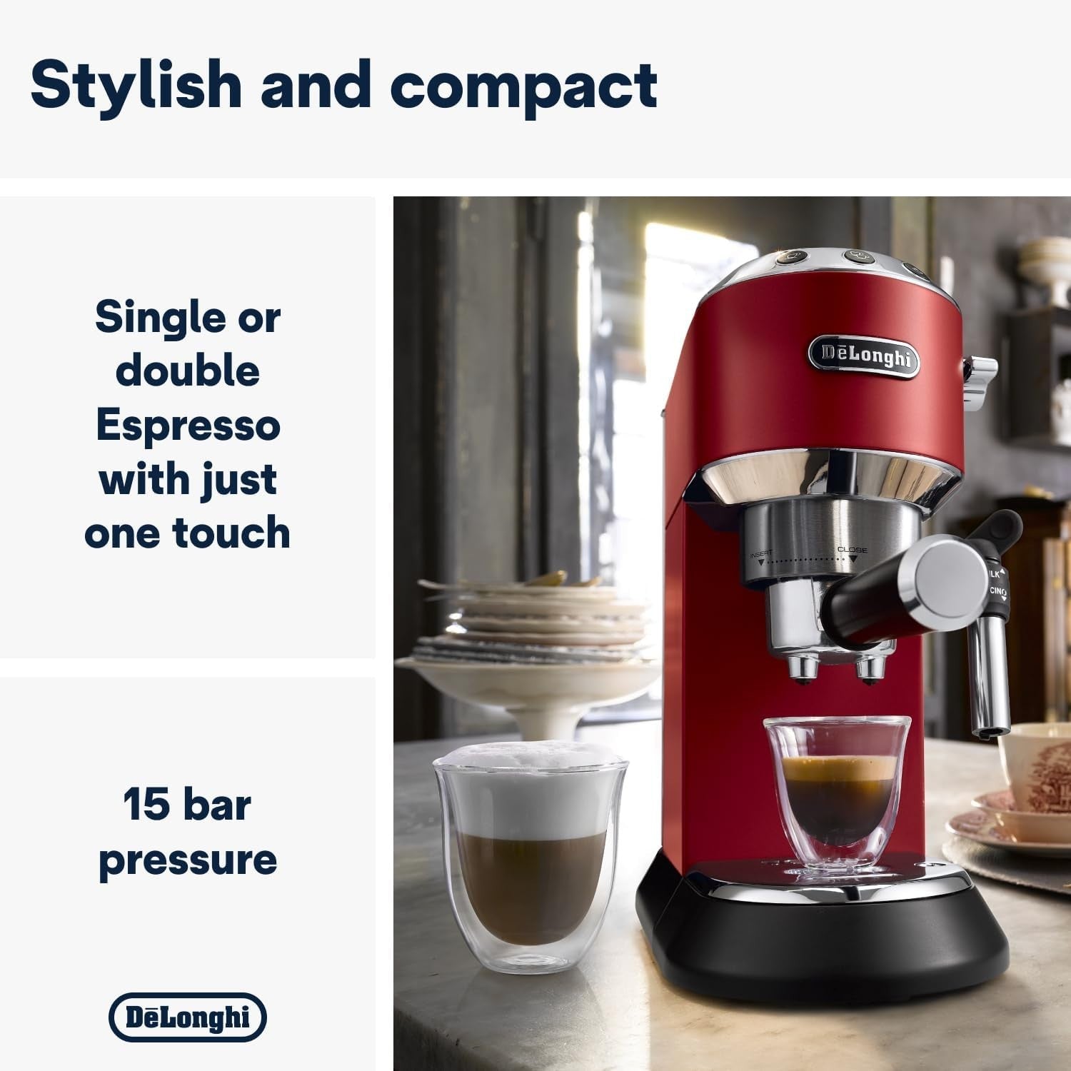 Retro Red Espresso Coffee Machine | 15 Bar Pressure | Milk Frother | Compact 1L