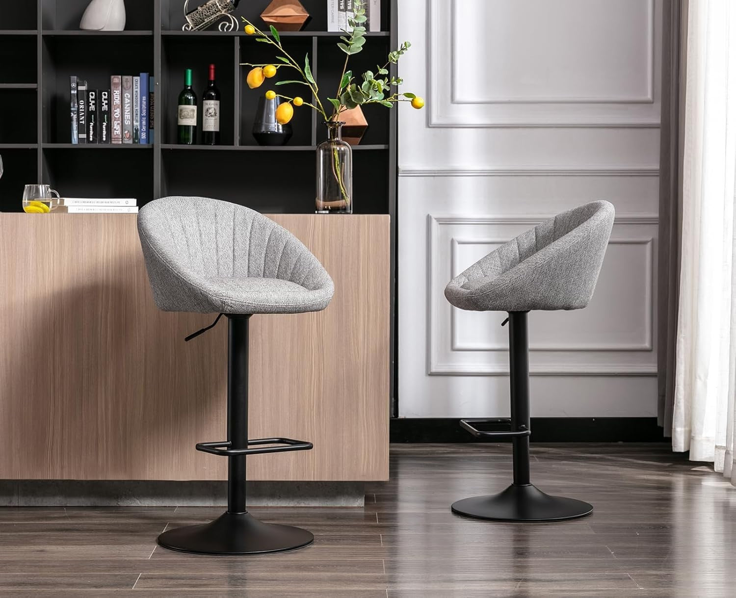 Set of 2 Grey Polyester Bar Stools Adjustable Swivel Counter Chairs