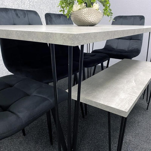 Grey Dining Table Set with Bench & 4 Black Velvet Chairs Hairpin Legs