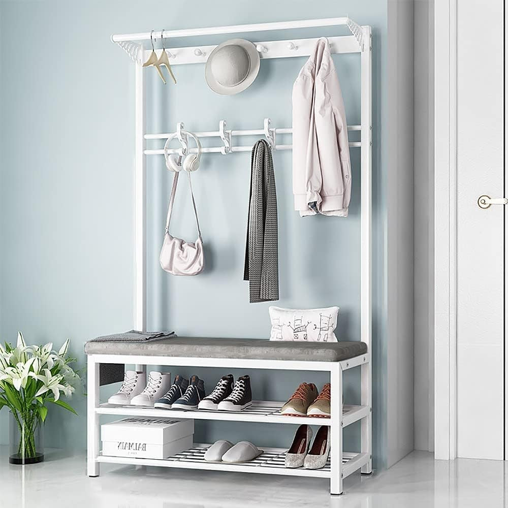 Compact White Grey Coat Rack with Bench & Shoe Storage 80cm Hallway Stand