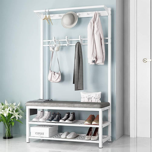 Compact White Grey Coat Rack with Bench & Shoe Storage 80cm Hallway Stand