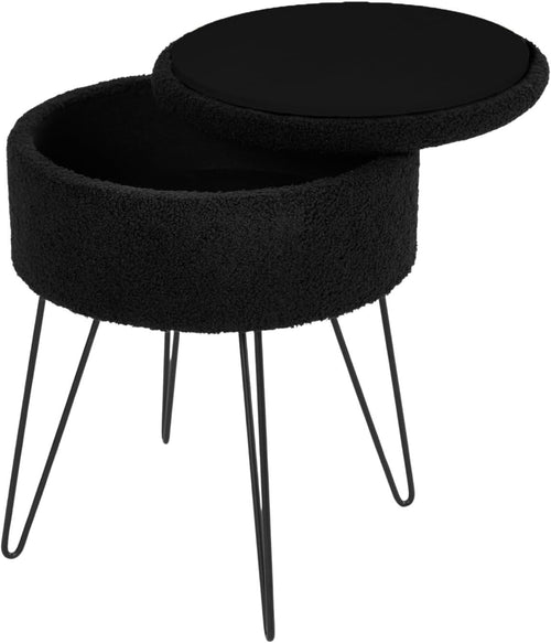 Black Bouclé Storage Stool Round Footrest Hairpin Leg Vanity Seat