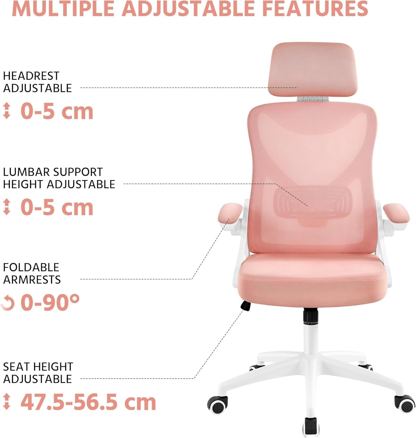 Ergonomic Mesh Office Gaming Chair Adjustable Lumbar Headrest White/Pink