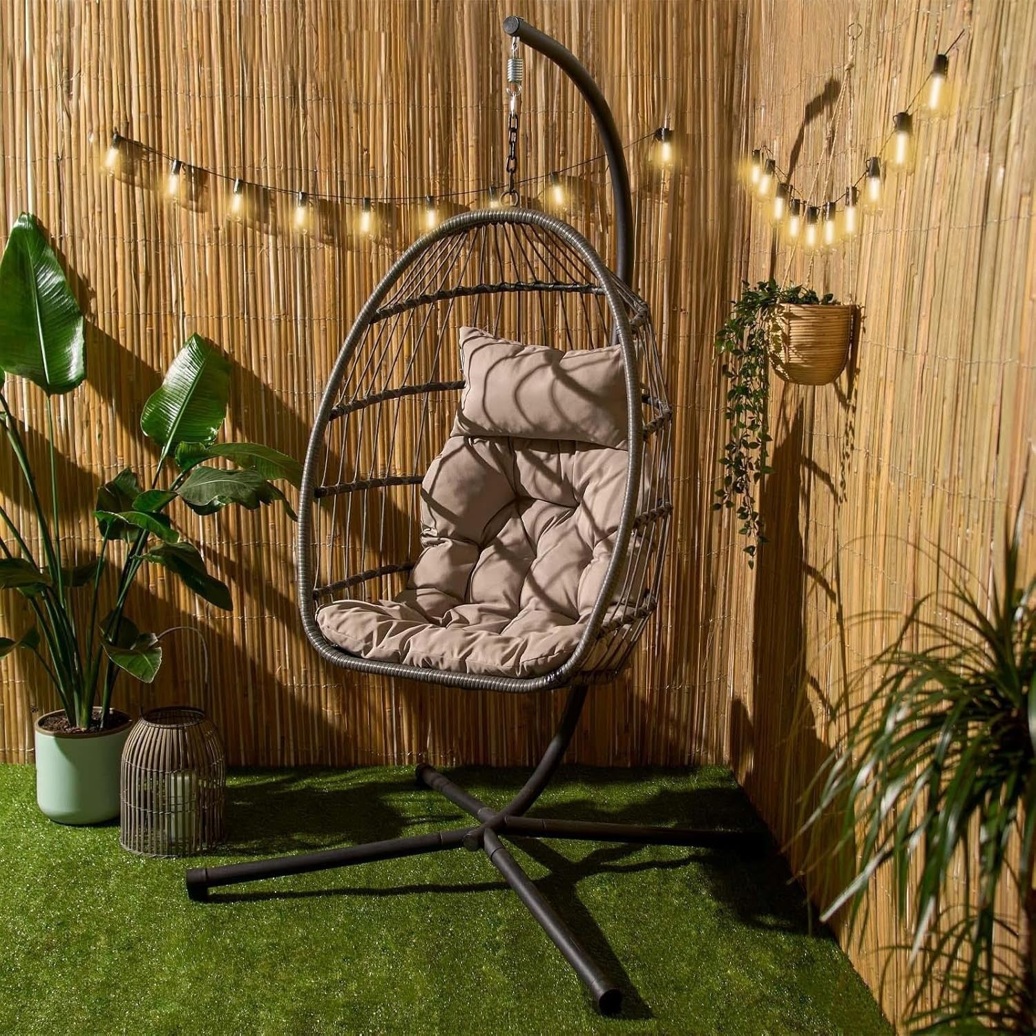 Hanging Egg Chair with Cushion Freestanding Rattan Swing Indoor Outdoor