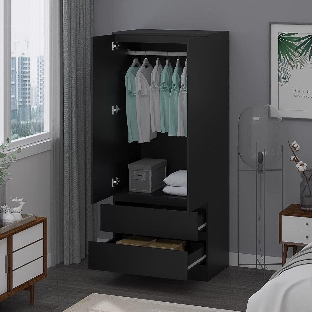 Matt Black 2-Door Wardrobe with 2 Drawers | Bedroom Storage & Clothes Organizer