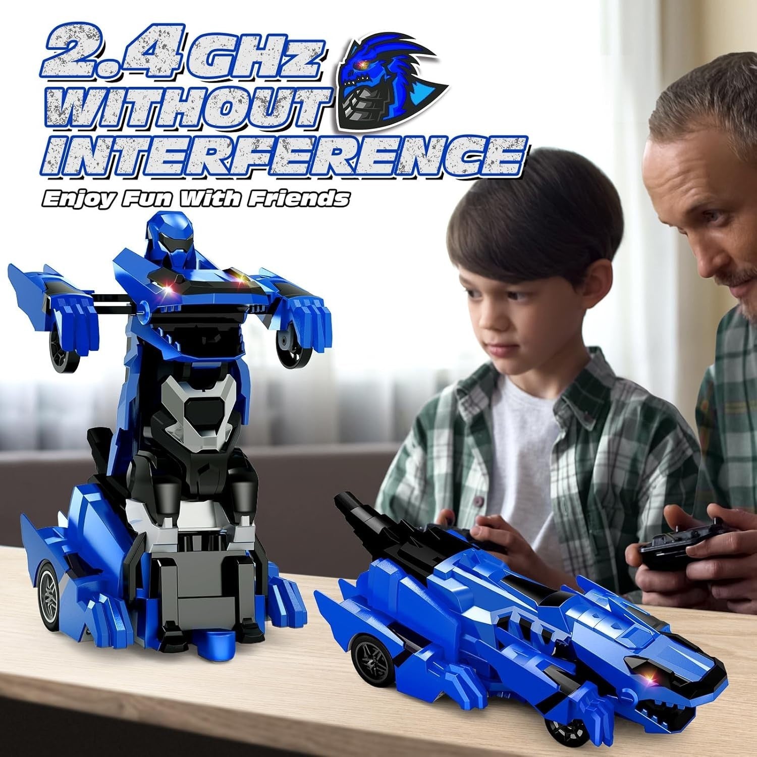 RC Dinosaur Robot Car 2-in-1 Transform Remote Control Toy 360° Spin LED Kids