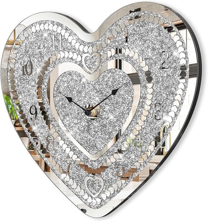 Heart Shape Crushed Diamond Mirror Wall Clock Silver Crystal Sparkle 35×40cm