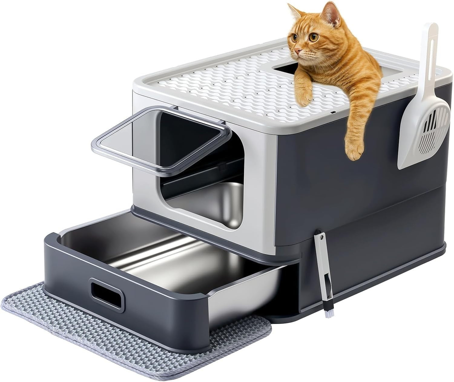 Stainless Steel Cat Litter Box Covered Drawer Top Entry Anti Leak Tray