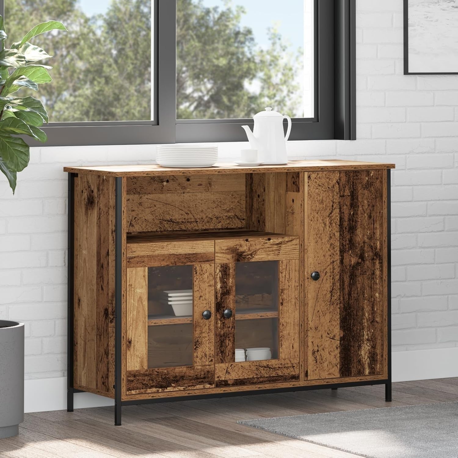 Rustic Wood Sideboard Cabinet Glass Doors Storage Unit 100x35x75cm