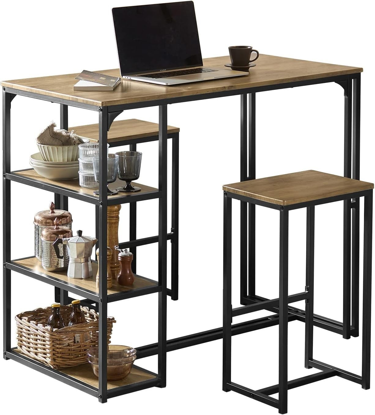 3 Piece Breakfast Bar Table Set with Shelves & 2 High Stools Dining Kitchen