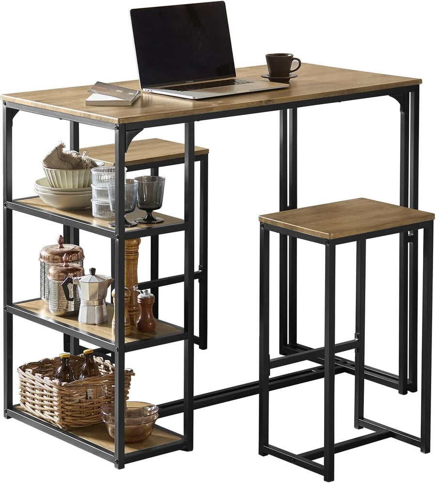 3 Piece Breakfast Bar Table Set with Shelves & 2 High Stools Dining Kitchen