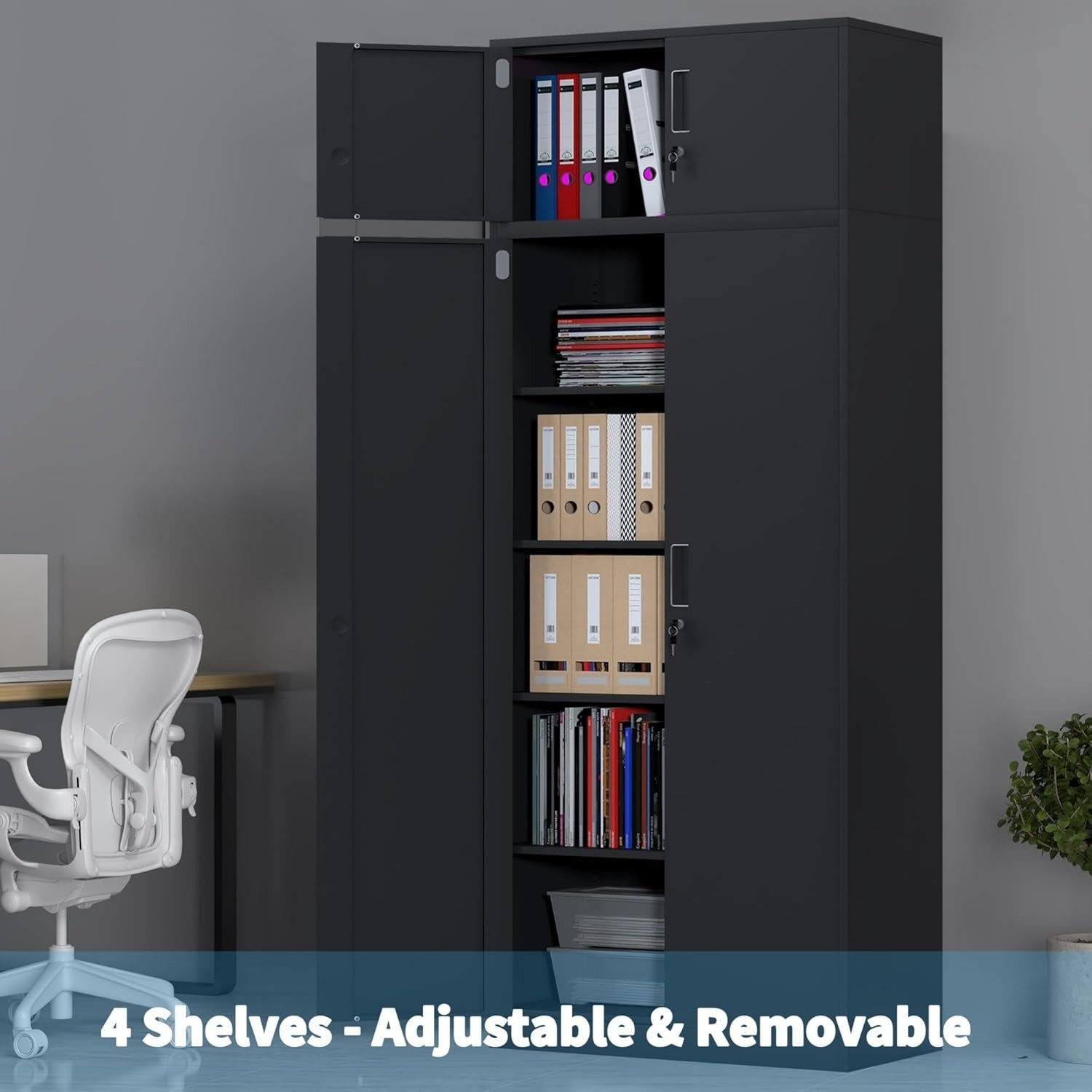 Tall Lockable Steel Storage Cabinet with Shelves, 220cm Metal Cupboard