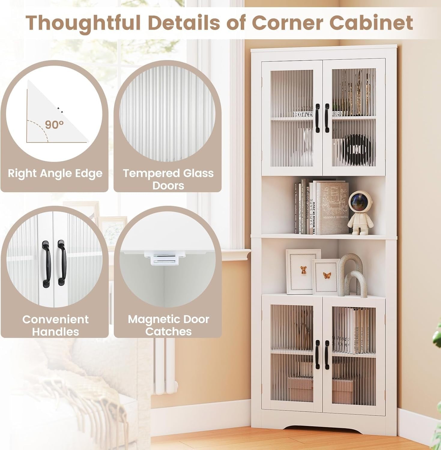 171cm White Corner Cabinet with 4 Glass Doors & Adjustable Shelves