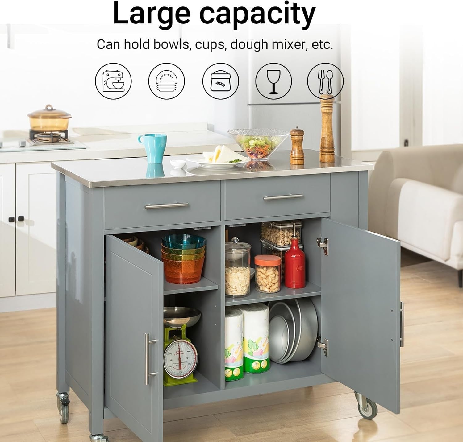 Rolling Kitchen Island Trolley Cart Grey with Drawers & Steel Top 107x46x94cm