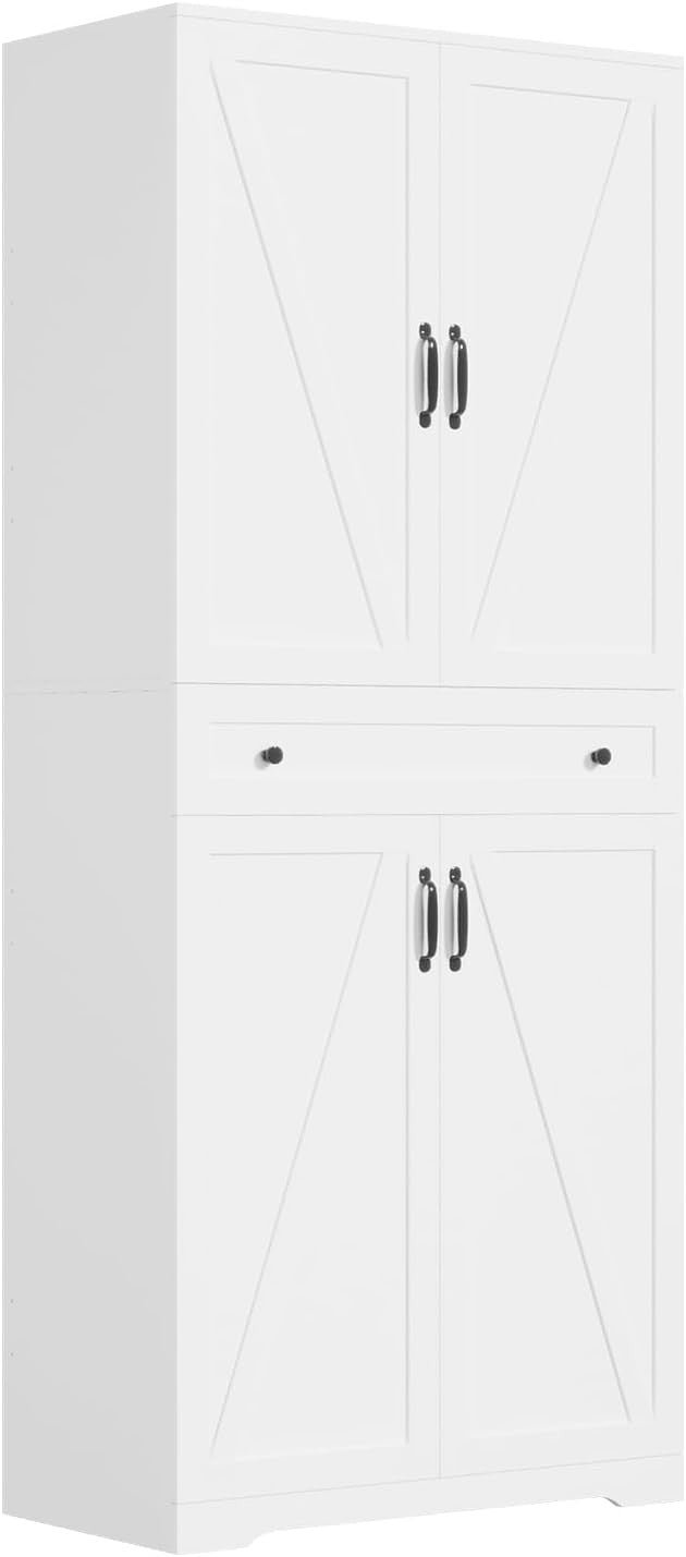 White Kitchen Pantry Cupboard | Large Sideboard Cabinet with Shelves & Drawer