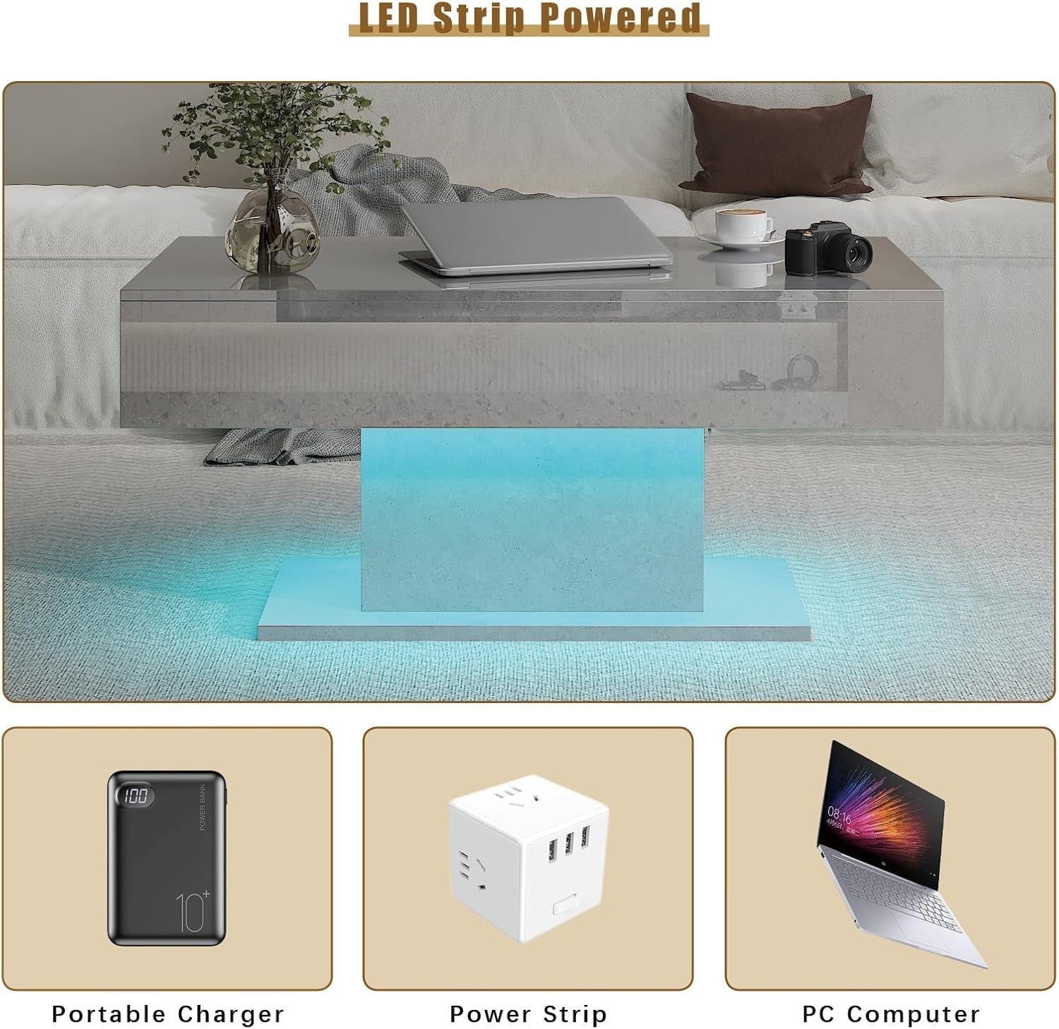 Grey Marble LED Coffee Table with 2 Drawers, High Gloss 110x55cm