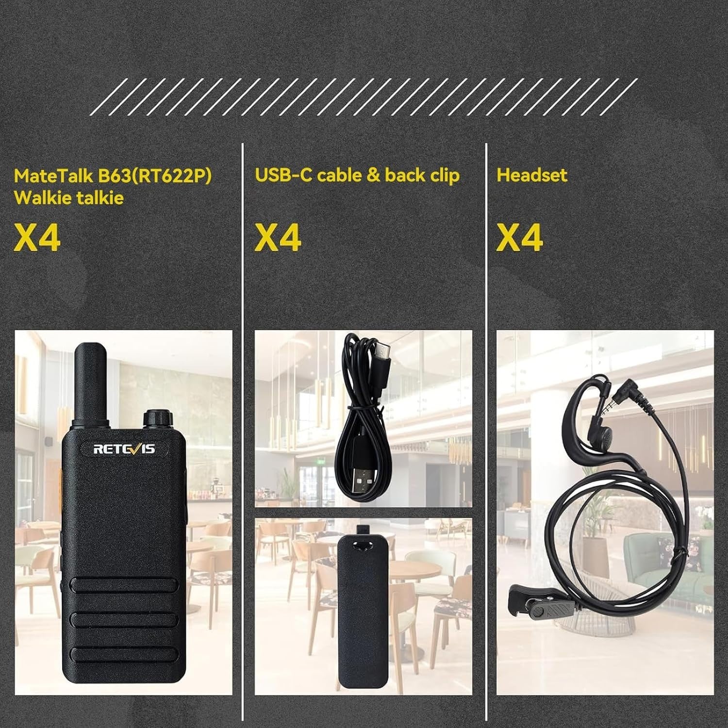 PMR446 Walkie Talkies 4 Pack USB-C Rechargeable VOX w Earpieces