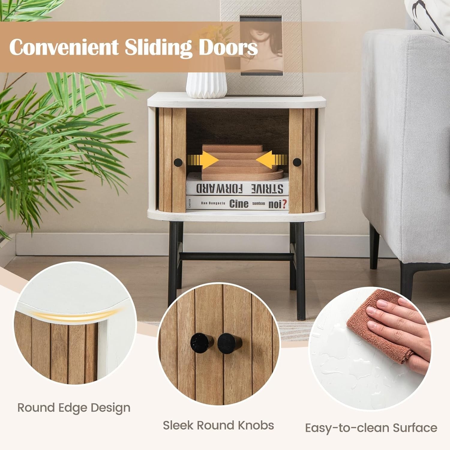 White Bedside Table with Sliding Doors & Metal Legs – Compact Modern Nightstand