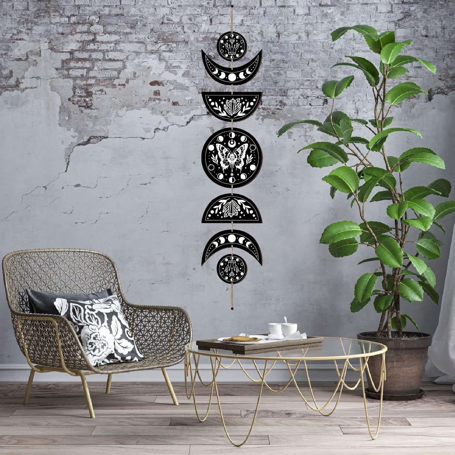 Moon Phase Wall Decor Wooden Boho 7-Piece Butterfly Art