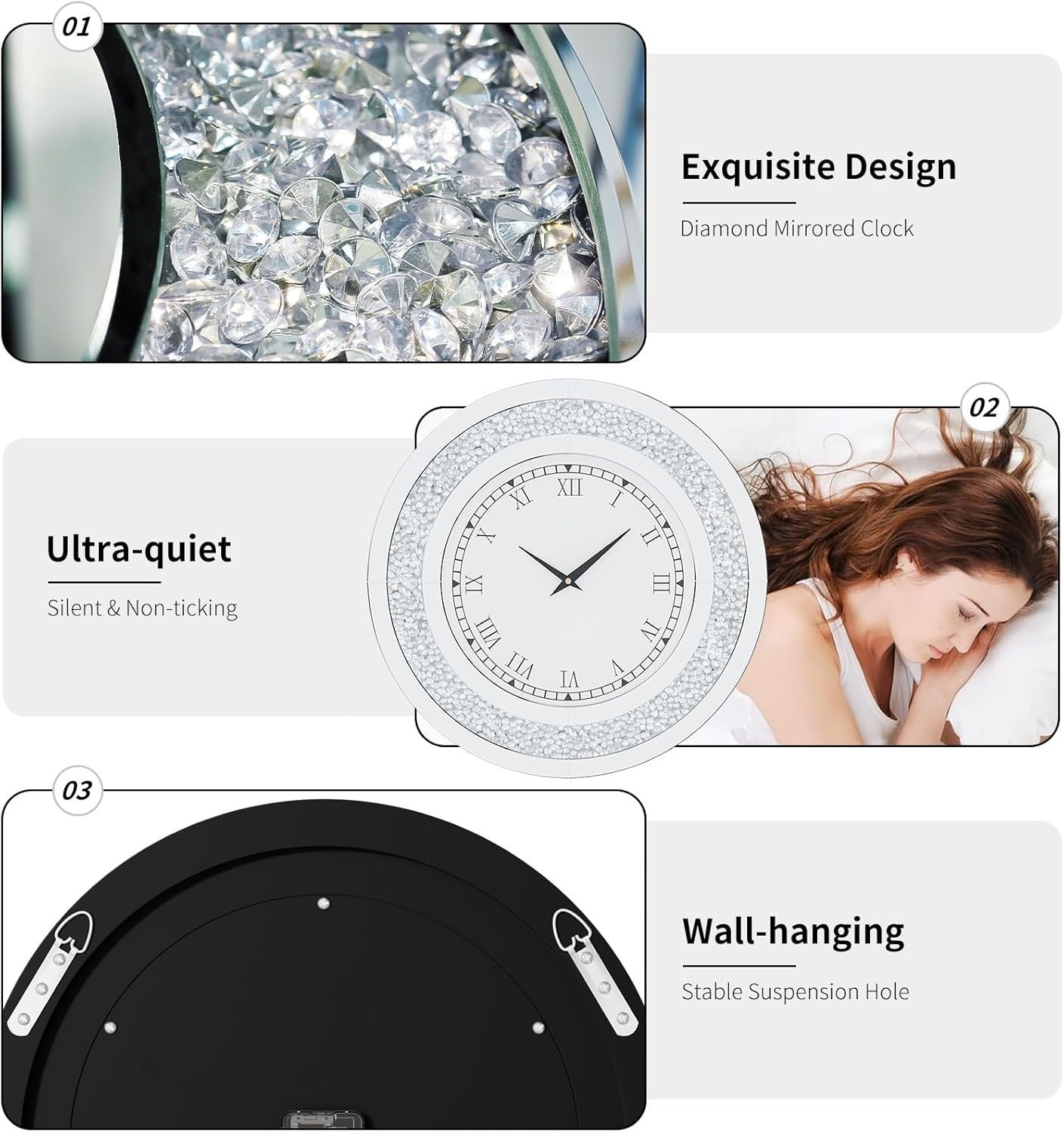 60cm Mirrored Wall Clock Silver Crushed Diamond Inlay Roman Numerals Bling