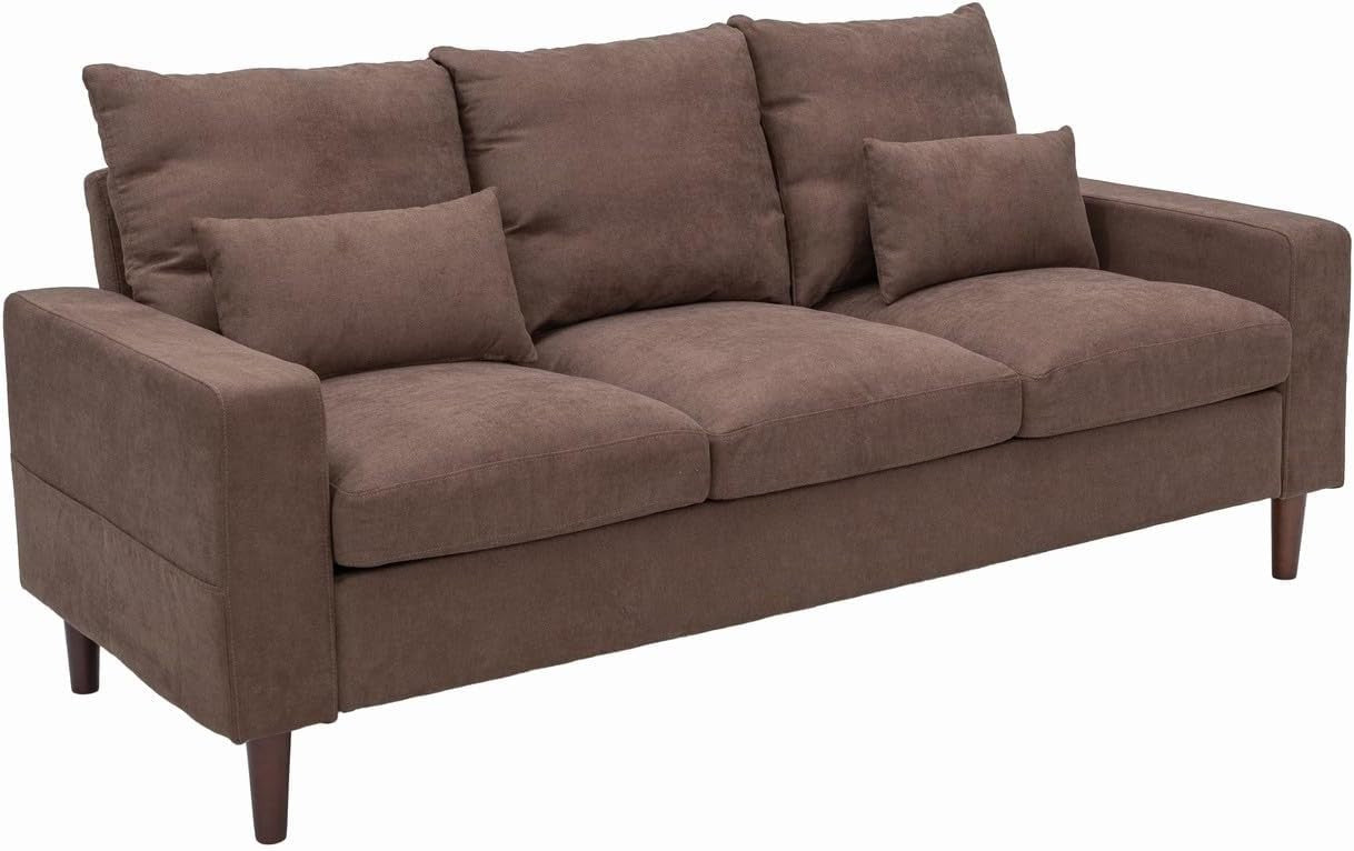 3 Seater Sofa Brown Linen Upholstered Couch Modern Compact Soft Seat with Cushio