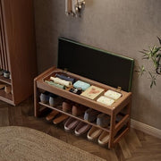 Small Flip-Top Shoe Bench with Green Cushion | 2-Tier Walnut Shoe Rack Entryway