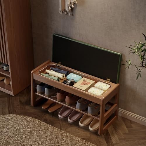 Small Flip-Top Shoe Bench with Green Cushion | 2-Tier Walnut Shoe Rack Entryway
