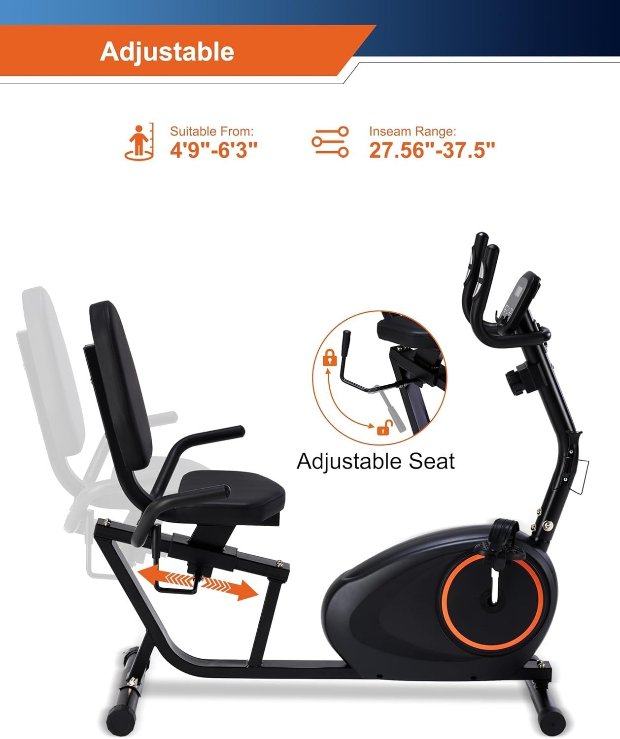 Recumbent Exercise Bike 400LB Capacity Magnetic 16-Level Seat Adjust LCD Pulse