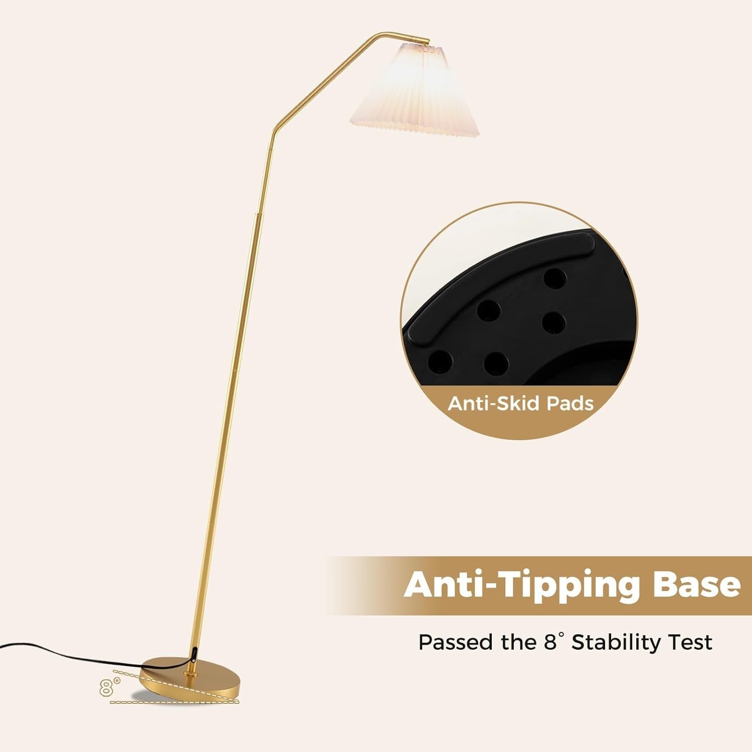 Arc Floor Lamp 168cm Adjustable Head E27 Pleated Shade Foot Switch