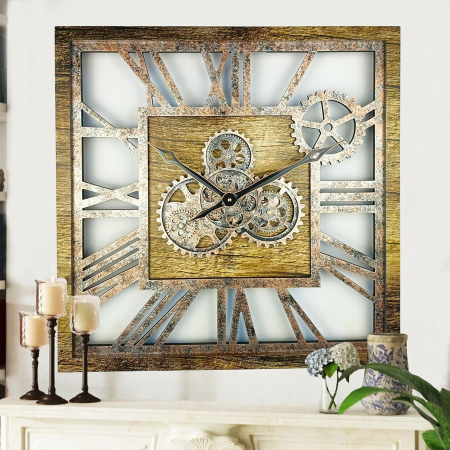 Oversized 24" Gear Wall Clock Square Antique Gold Vintage Industrial Decor