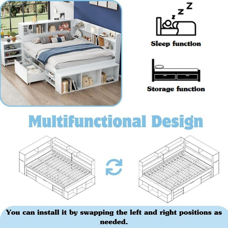 Kids Double Bed with Storage Drawers Bookcase Shelves 4ft6 White 135x190cm