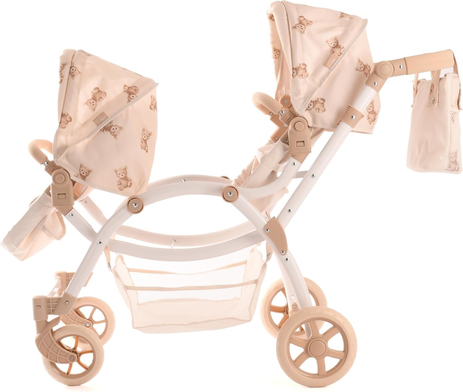 Twin Dolls Pram Adjustable Handle 50–88cm, 2 in 1 Carrycot Seats, Cream