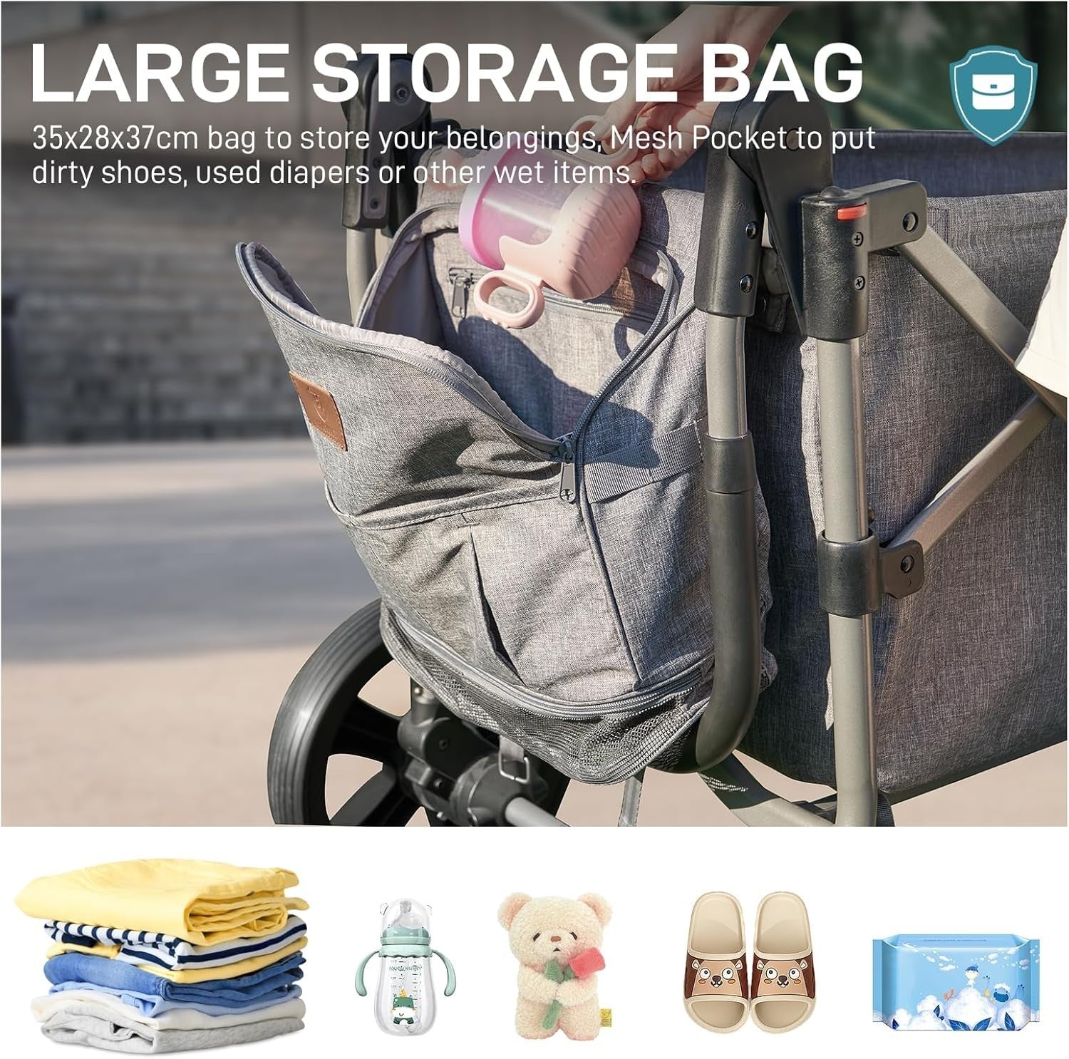 Stroller Wagon for 2 Kids with Seats & Canopy – Push Pull Cart w/ Harnesses