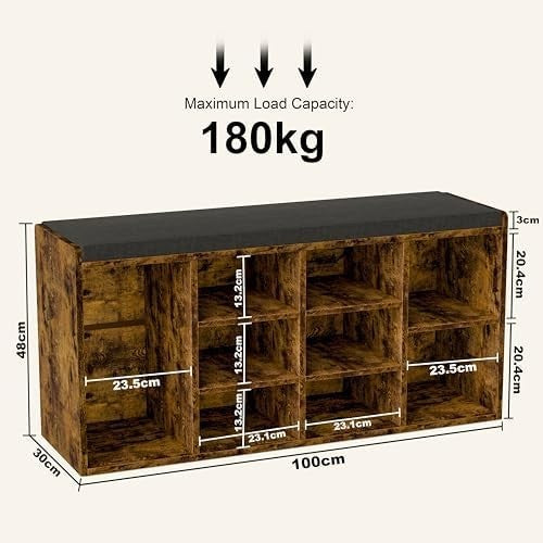 Rustic Shoe Storage Bench with Cushion Seat 9 Cubes Adjustable Shelves Entryway