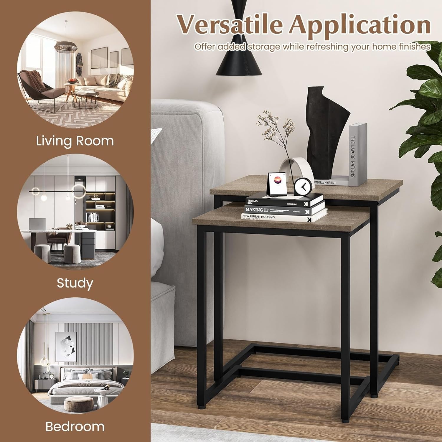Nest of 3 C Table End Tables Stackable Coffee Side Laptop Sofa Tray Grey Oak