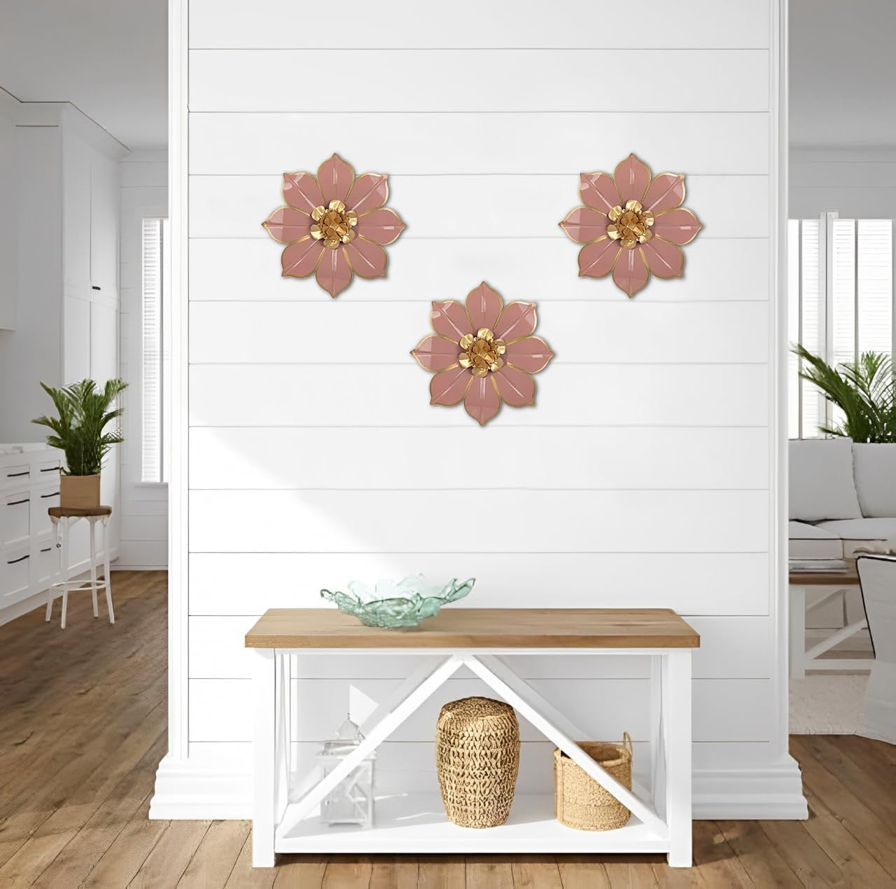3Pcs Pink Metal Flower Wall Art 3D Modern Floral Decor