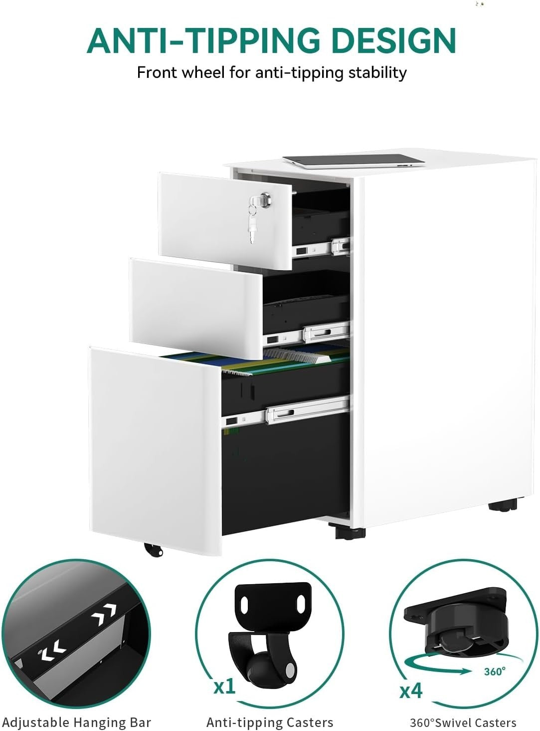White Grey Metal Mobile Filing Cabinet 3 Drawer A4 Under Desk