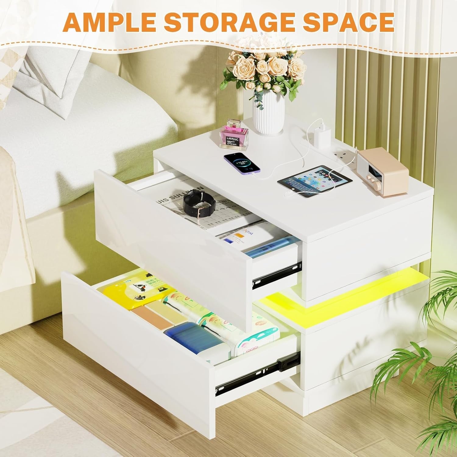 White LED Bedside Table with Charging Station 2-Drawer Modern Nightstand