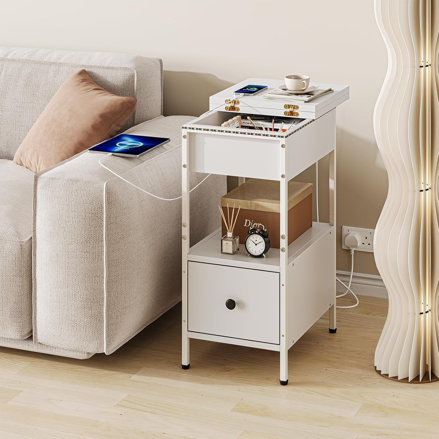 Slim White Smart Bedside Table with LED Light, USB Charging & Drawer
