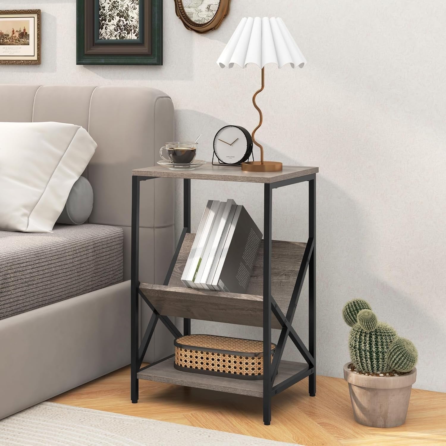 Industrial Record Player Side Table with Storage Shelf, Metal Frame, 2-Tier End