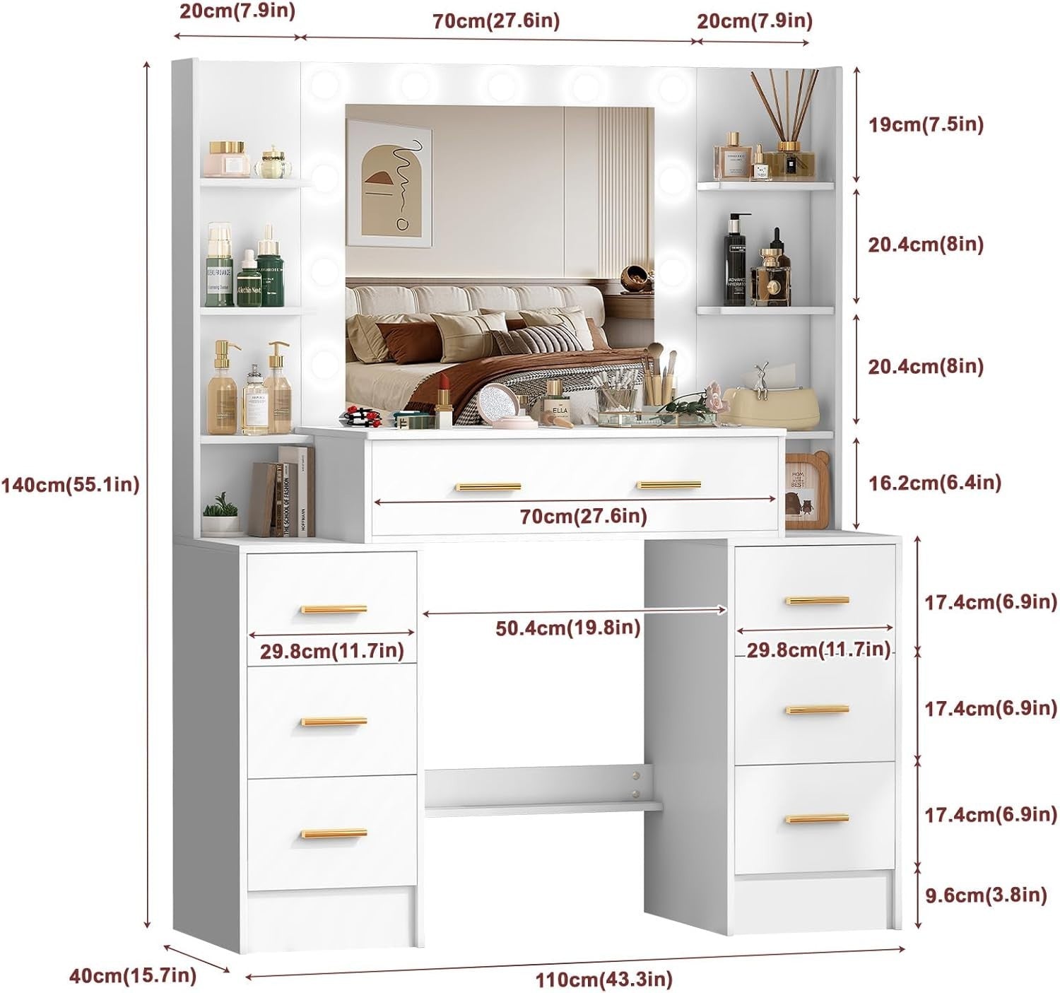 Modern Vanity Desk w/Lighted Hollywood Mirror 8-Drawer Makeup Table White
