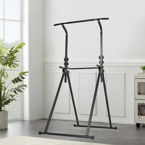 Black Foldable Power Tower Dip Station Pull-Up Bar Adjustable Home Gym