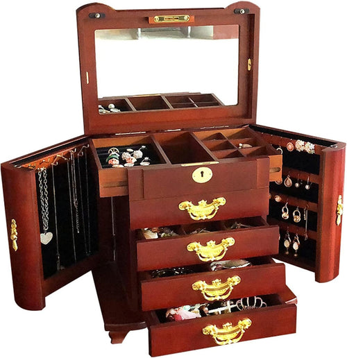 Wooden Jewelry Armoire Cabinet with Flip Top Mirror Drawers Side Doors