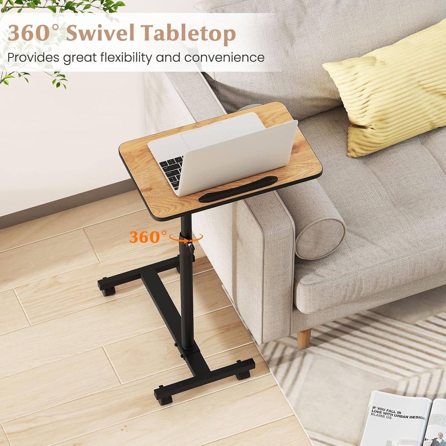 Adjustable Overbed Table Laptop Desk C Shaped Rolling Bedside Stand Brown