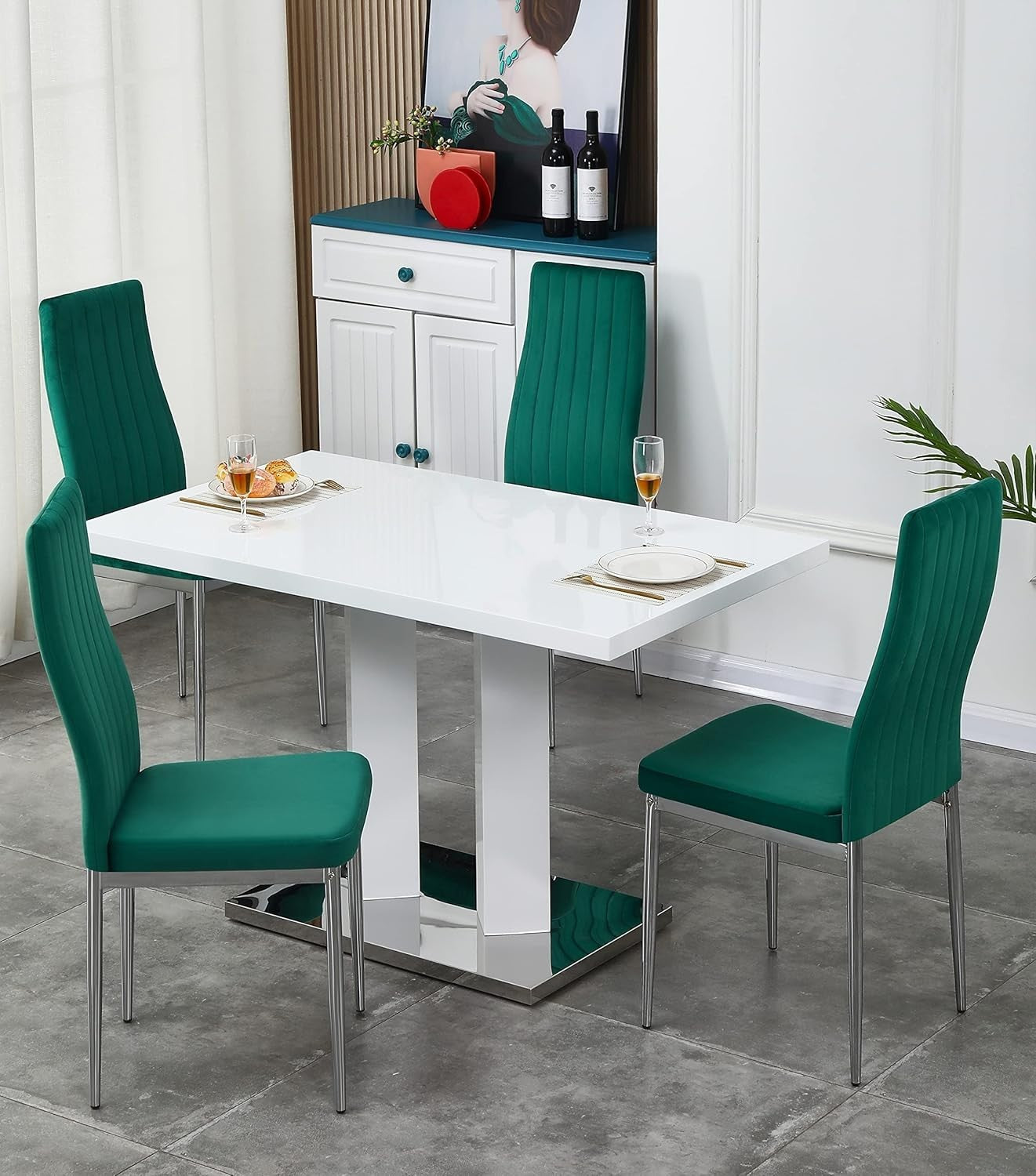 Modern White Dining Table Set 4 Chairs Velvet Green High Gloss Rectangular