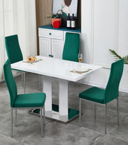Modern White Dining Table Set 4 Chairs Velvet Green High Gloss Rectangular