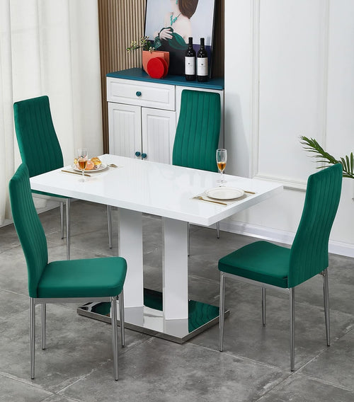 Modern White Dining Table Set 4 Chairs Velvet Green High Gloss Rectangular