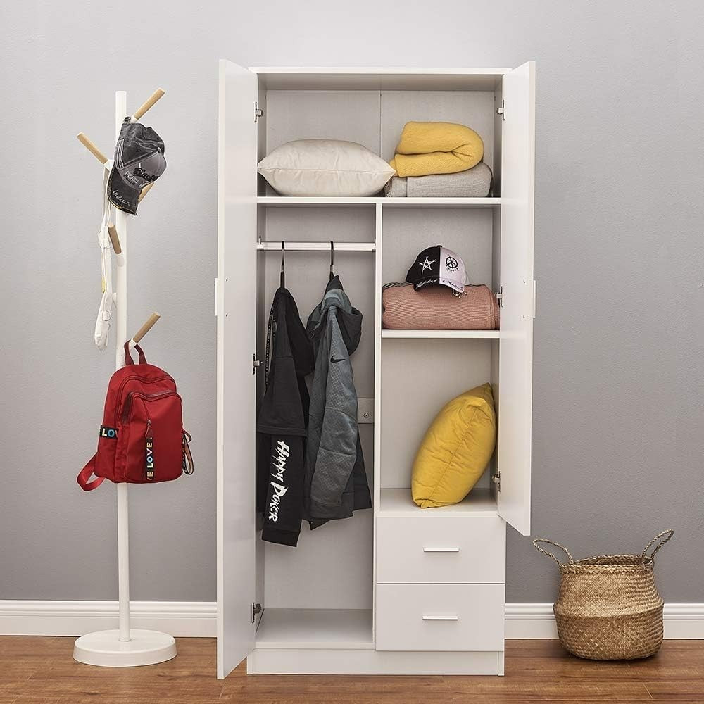 Tall White Wooden 2 Door Wardrobe with 2 Drawers Bedroom Storage Unit