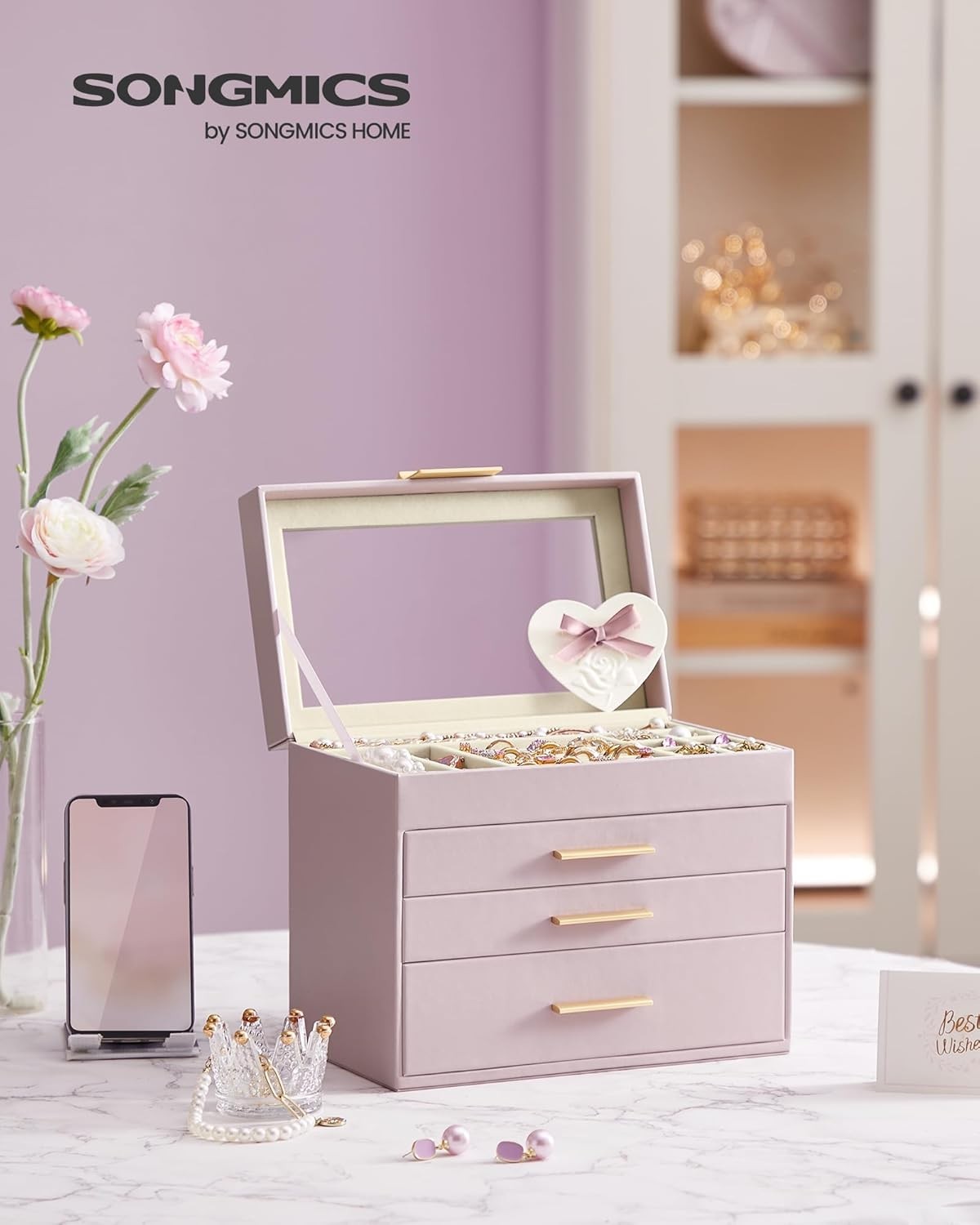 Lavender Purple Gold Jewellery Box Glass Lid 4 Layer Organizer with Drawers